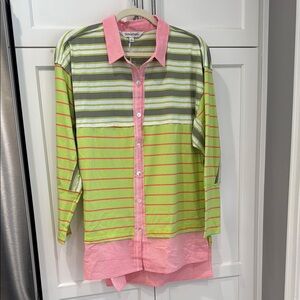 Patch Green and Pink Button Down Shirt Dress with Stripes